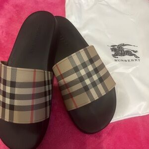 Burberry Beige Check Slide Sandals with Black Footbed